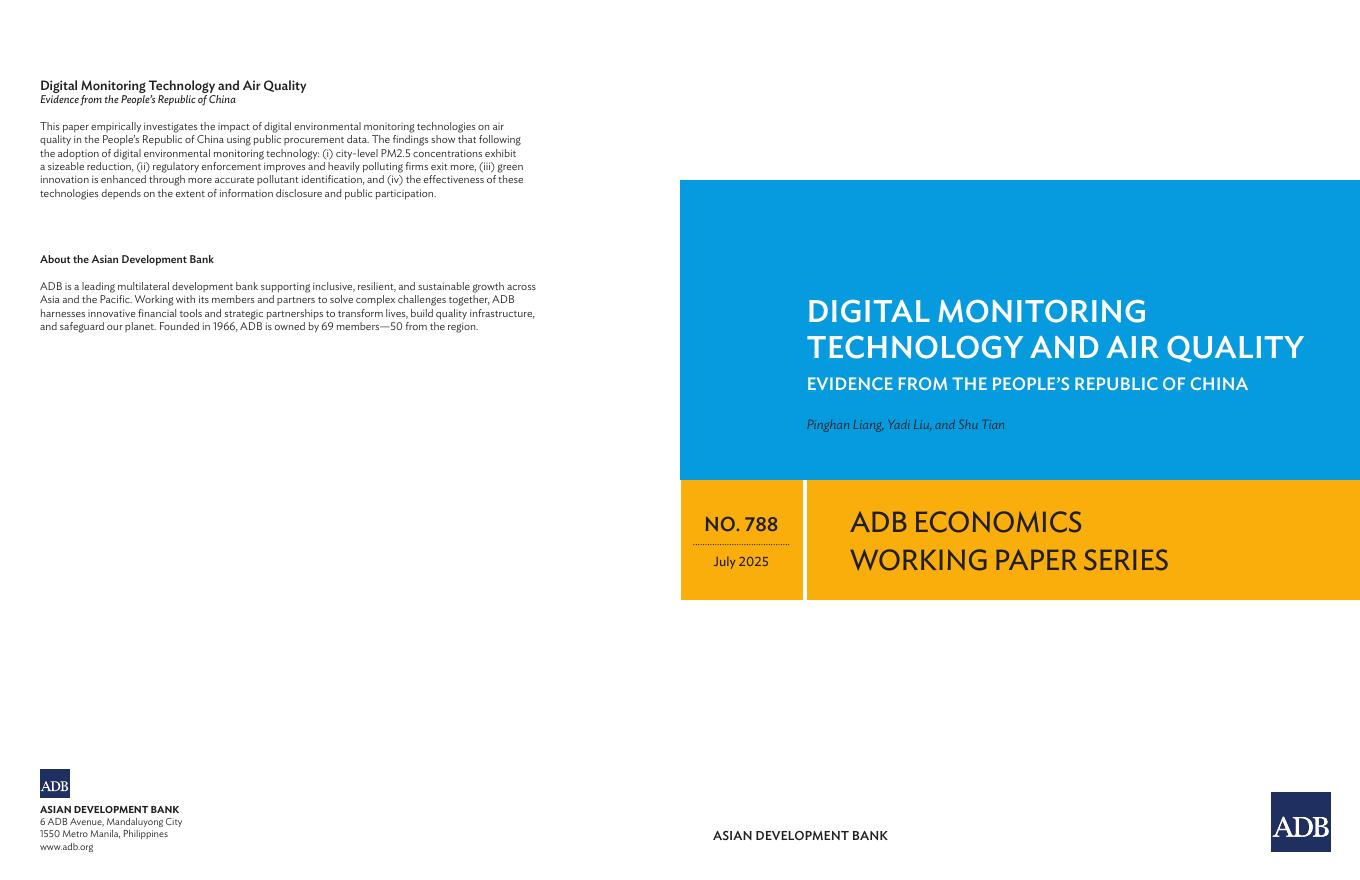 ADB亚洲开发银行：数字监测技术与空气质量：来自中华人民共和国的证据（英文版）