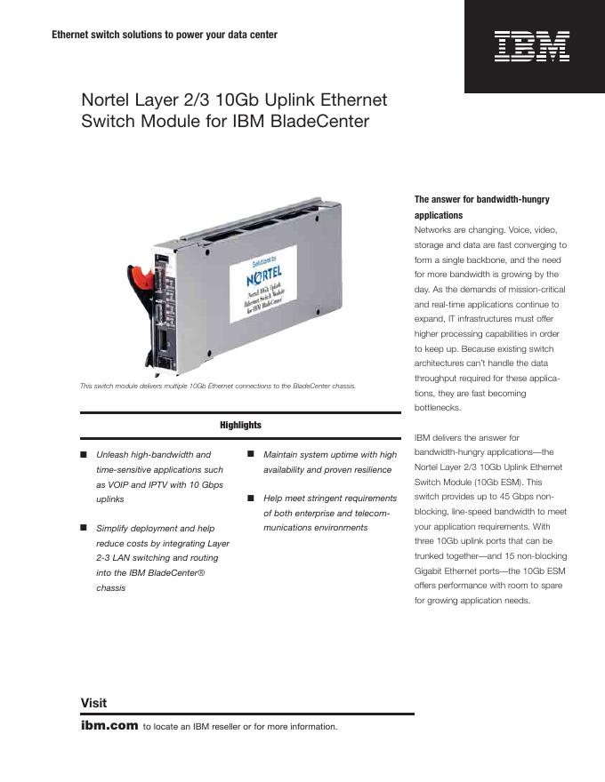 IBM Nortel Layer 2/3 10Gb Uplink Ethernet Switch Module for IBM BladeCenter 说明书