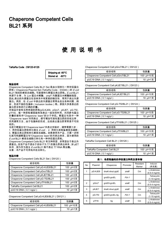 Chaperone Competent Cells  BL21 系列 使用说明书