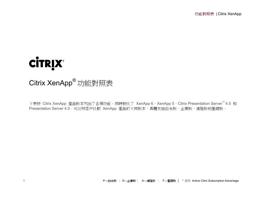 Citrix XenApp 功能对照表 说明书
