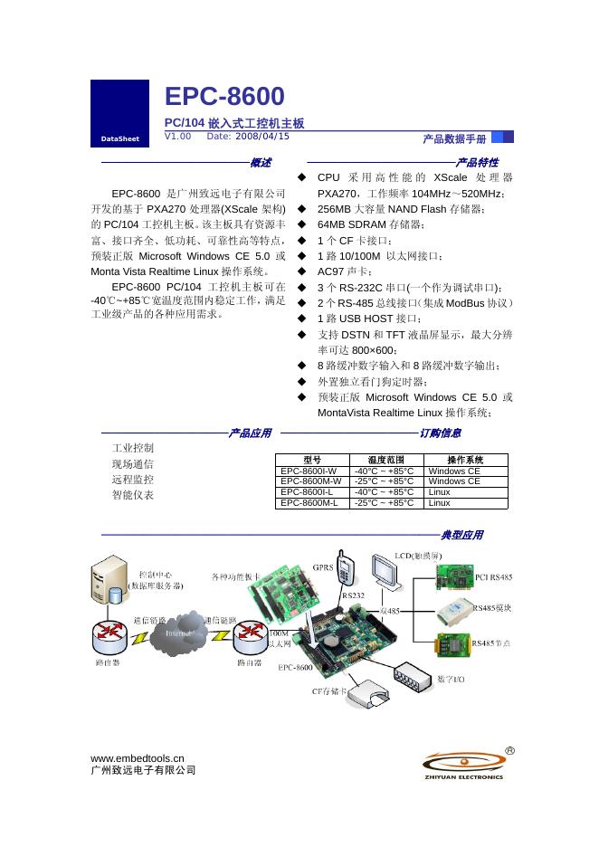 广州致远电子有限公司  EPC-8600 产品数据手册 PC/104 嵌入式工控机主板 使用说明书