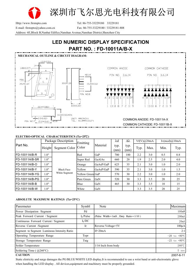 深圳市飞尔思光电科技有限公司 FD-10011A/B-X <em>LED</em> NUMERIC DISPLAY SPECIFICATION 说明书 海报