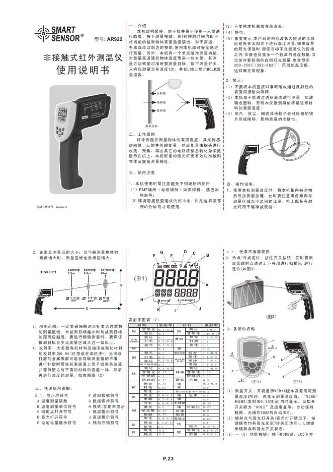 SMART SENSOR <em>AR</em>922 非接触式红外测控仪 使用说明书 海报