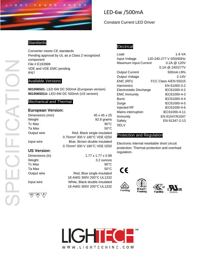 LIGHTECH <em>LED</em>-6w/500mA Constant Current <em>LED</em> Driver 说明书 海报
