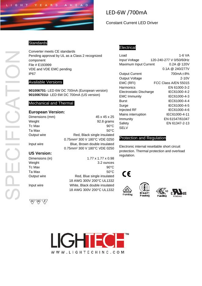 LIGHTECH <em>LED</em>-6W/700mA Constant Current <em>LED</em> Driver 说明书 海报