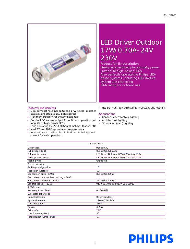 飞利浦 <em>LED</em> Driver Outdoor 17W/0.70A-24V 230V 说明书 海报
