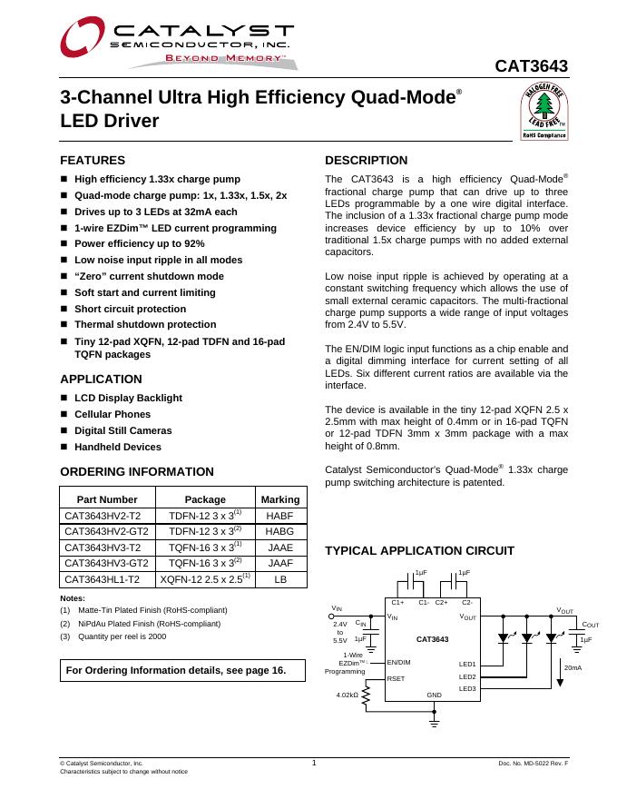 CATALYST SEMICONDUCTOR 3-Channel Ultra High Efficiency Quad-Mode <em>LED</em> Driver 说明书 海报