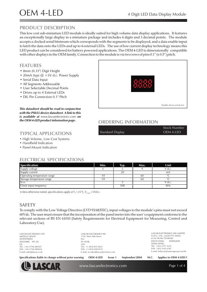 LASCAR OEM 4-<em>LED</em> 4 Digit <em>LED</em> Data Display Module 说明书 海报