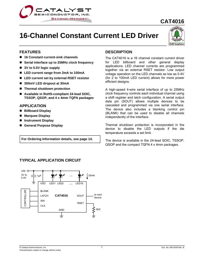 CATALYST SEMICONDUCTOR CAT4016 16-Channel Constant Current <em>LED</em> Driver 说明书 海报