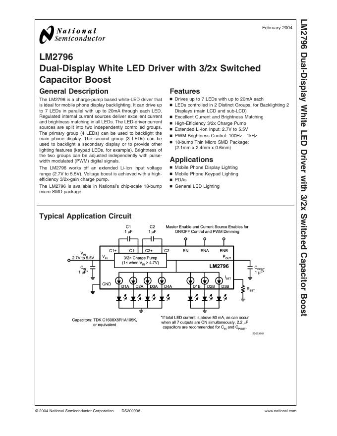 NATIONAL SEMICONDUCTOR LM2796 Dual-Display White <em>LED</em> Driver with 3/2x Switched Capacitor Boost 说明书 海报