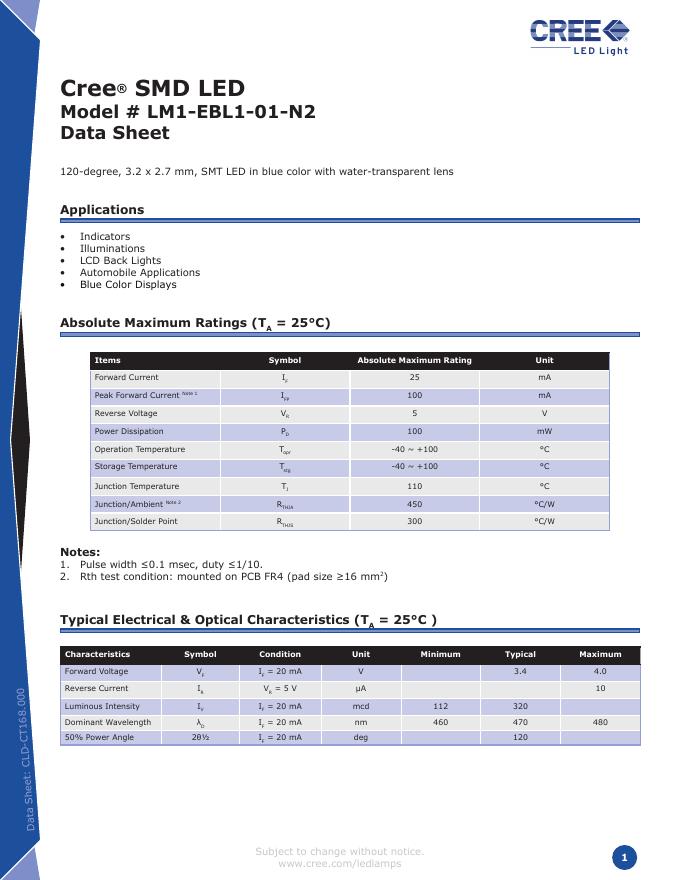 Cree SMD <em>LED</em> Model LM1-EBL1-01-N2 说明书 海报