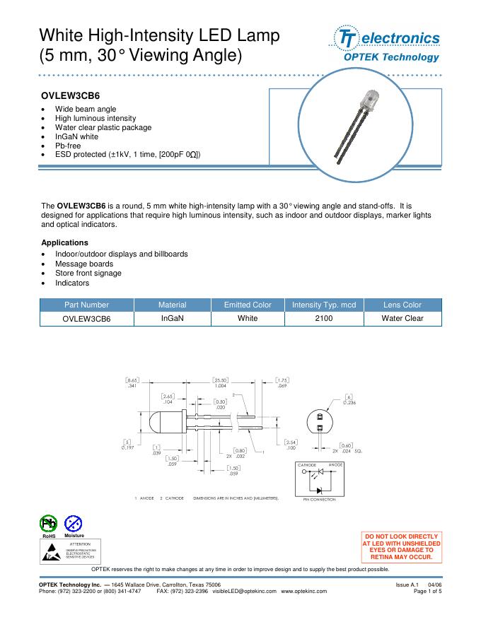 OPTEK White High-Intensity <em>LED</em> Lamp(5 mm,30°Viewing Angle)说明书 海报