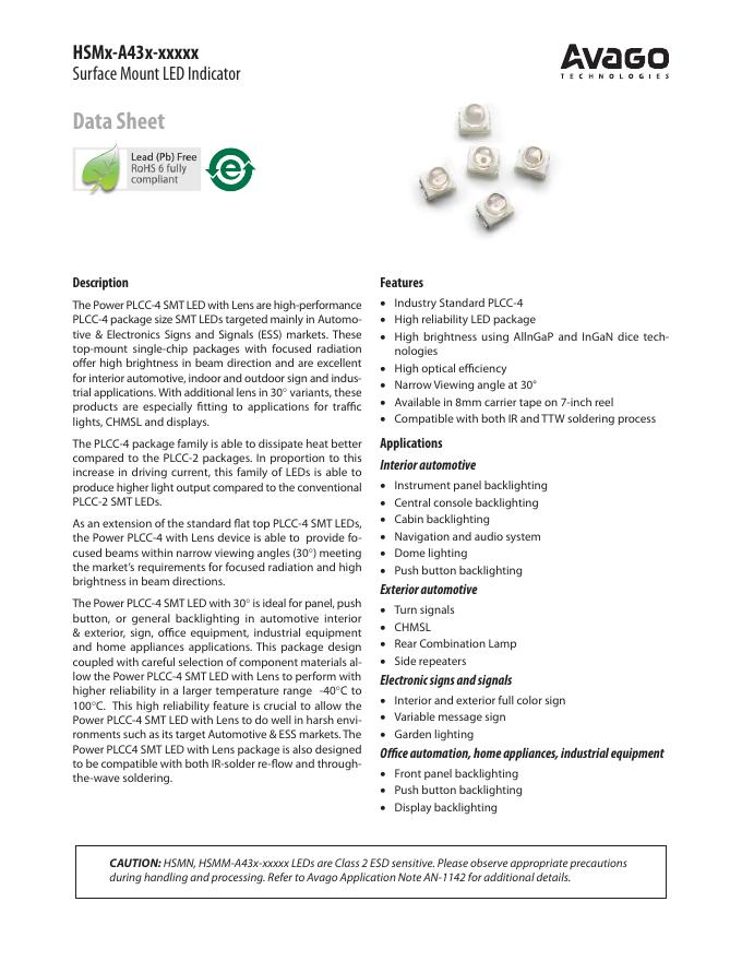 AVAGO TECHNOLOGIES HSMx-A43x-xxxxx Surface Mount <em>LED</em> Indicator 说明书 海报
