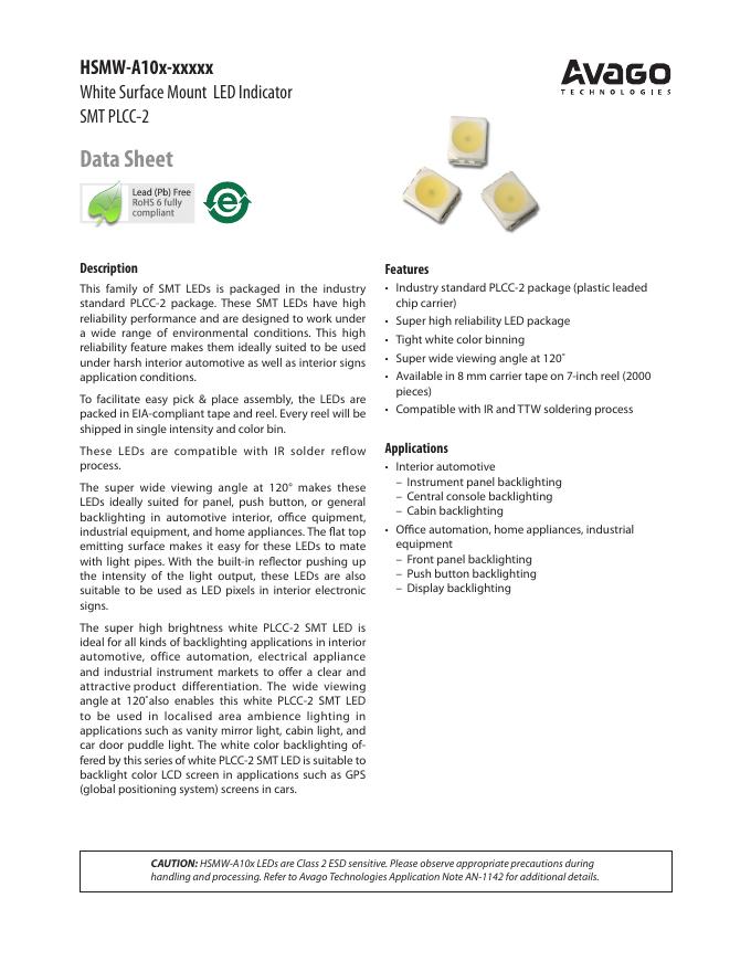 AVAGO TECHNOLOGIES HSMW-A10x-xxxxx White Surface Mount <em>LED</em> Indicator SMT PLCC-2 说明书 海报