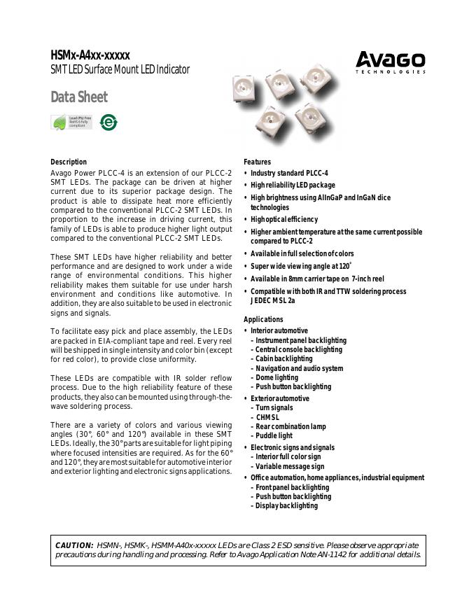 AVAGO TECHNOLOGIES HSMx-A4xx-xxxxx SMT <em>LED</em> Surface Mount <em>LED</em> Indicator 说明书 海报