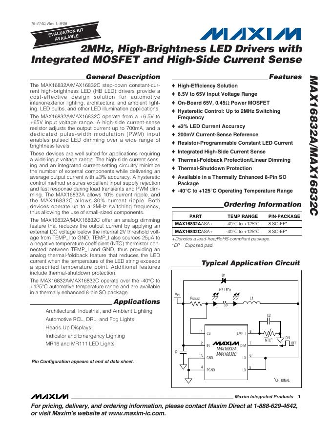 MAXIM 2MHz,High-Brightness <em>LED</em> Drivers with Integrated MOSFET and High-Side Current Sense MAX16832A/MAX16832C 说明书 海报