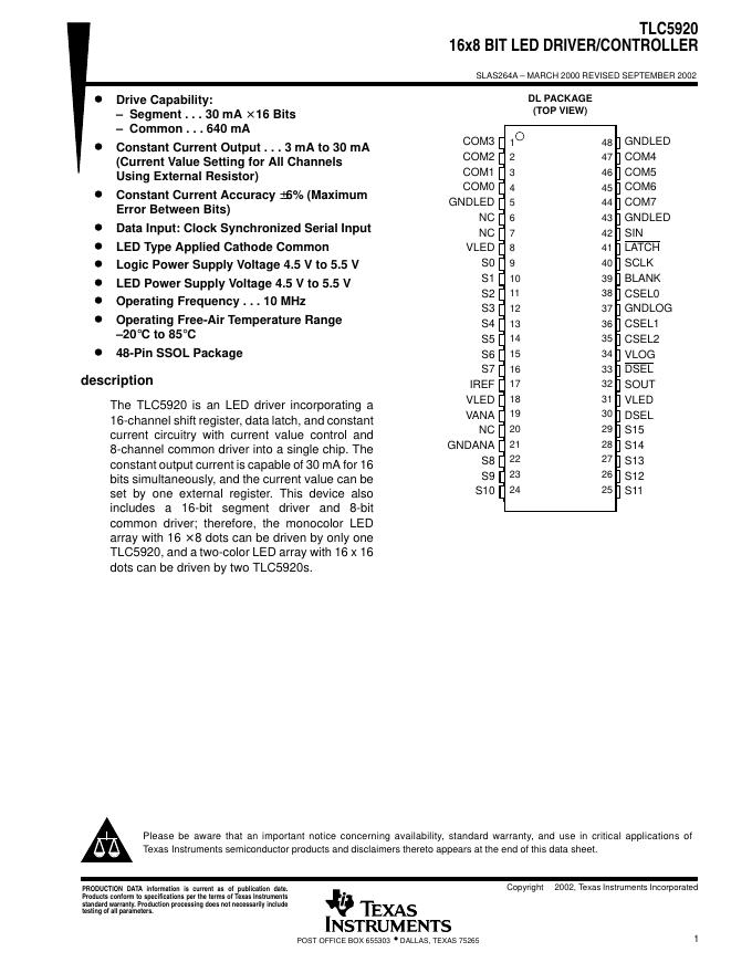 TEXAS INSTRUMENTS TLC5920 16x8 BIT <em>LED</em> DRIVER/CONTROLLER 说明书 海报