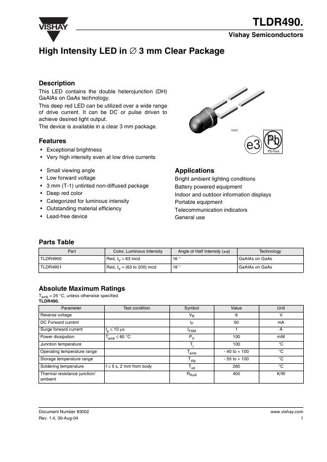 VISHAY-VISHAY TLDR490 High Intensity <em>LED</em> in ∅ 3 mm Clear Package 说明书 海报