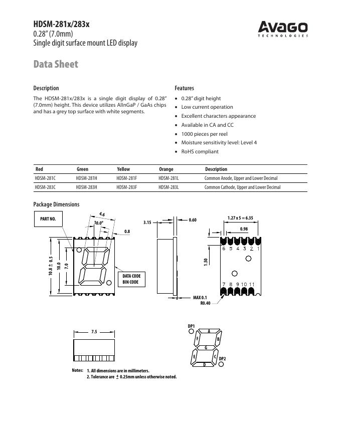 AVAGO TECHNOLOGIES HDSM-281x/283x 0.28”(7.0mm)Single digit surface mount <em>LED</em> display 说明书 海报
