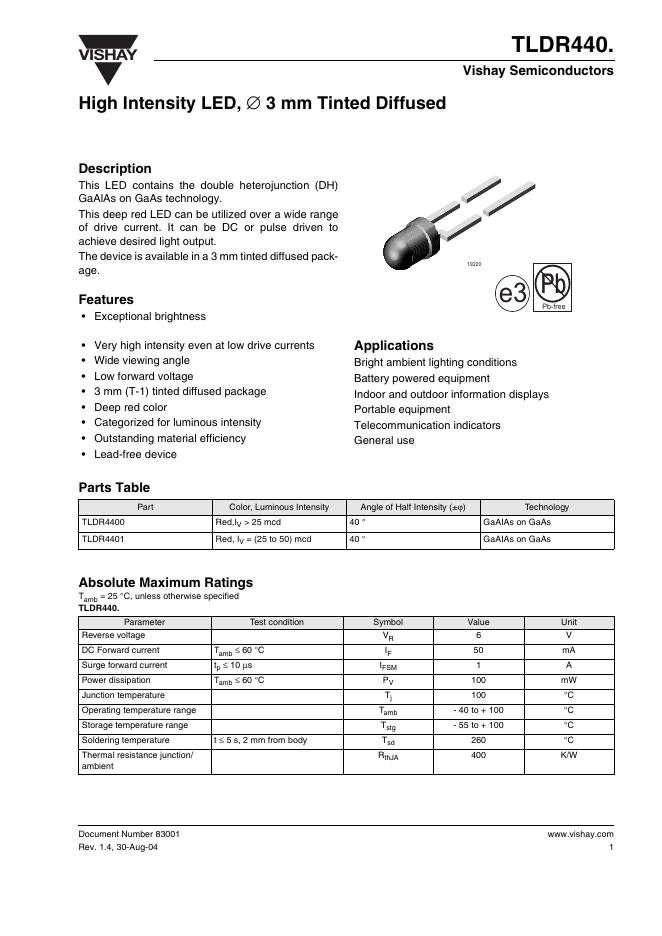 VISHAY-VISHAY TLDR440 High Intensity <em>LED</em>,∅ 3 mm Tinted Diffused 说明书 海报