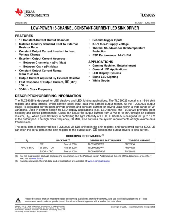 TEXAS INSTRUMENTS TLC59025 LOW-POWER 16-CHANNEL CONSTANT-CURRENT <em>LED</em> SINK DRIVER 说明书 海报