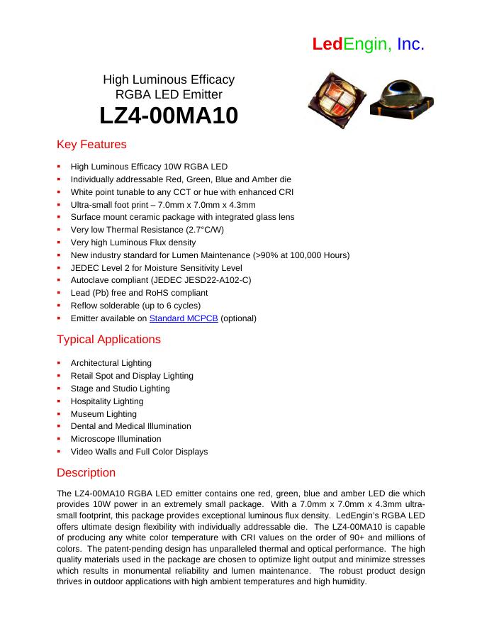 LEDENGIN High Luminous Efficacy RGBA <em>LED</em> Emitter LZ4-00MA10 Key Features 说明书 海报