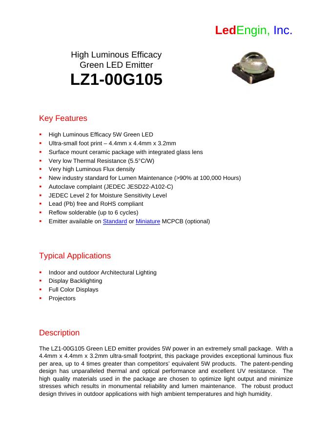 LEDENGIN High Luminous Efficacy Green <em>LED</em> Emitter LZ1-00G105 Key Features é High Luminous Efficacy 说明书 海报