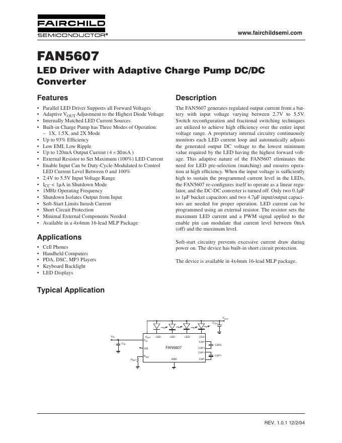 FAIRCHILD SEMICONDUCTOR FAN5607 <em>LED</em> Driver with Adaptive Charge Pump DC/DC Converter 说明书 海报