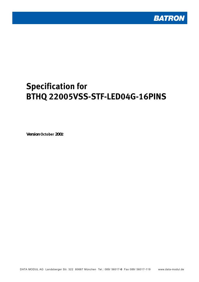 BATRON Specification for Version October 2002 BTHQ 22005VSS-STF-<em>LED</em>04G-16PINS 说明书 海报