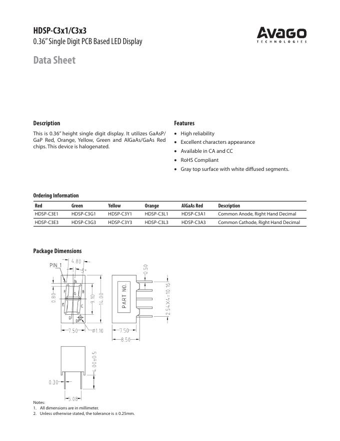 AVAGO TECHNOLOGIES-HDSP-C3x1/C3x3 0.36”Single Digit PCB Based <em>LED</em> Display Data Sheet 说明书 海报