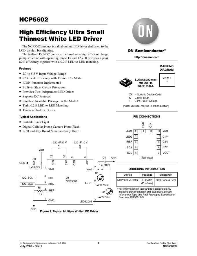 ON SEMICONDUCTOR NCP5602 High Efficiency Ultra Small Thinnest White <em>LED</em> Driver 说明书 海报
