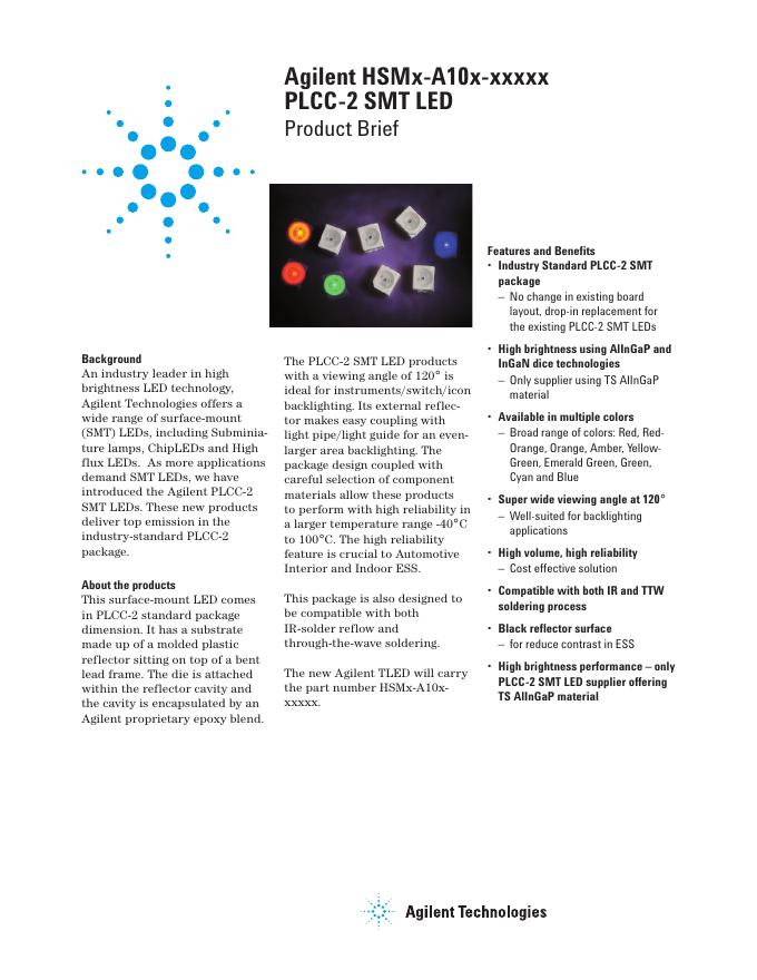 AVAGO TECHNOLOGIES Agilent HSMx-A10x-xxxxx PLCC-2 SMT <em>LED</em> Product Brief 说明书 海报