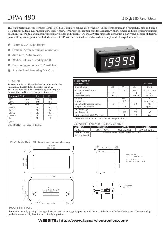 LASCAR-DIMENSIONS All dimensions in mm(inches)DPM 490 4‰ Digit <em>LED</em> Panel Meter 10mm(0.39ì)Digit Height 说明书 海报