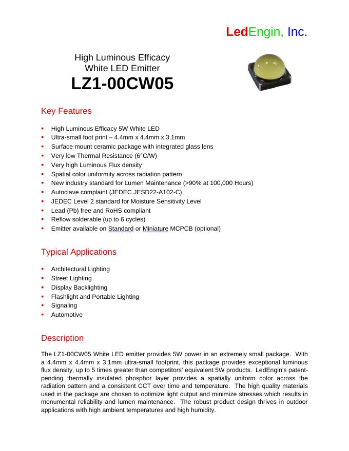 LEDENGIN High Luminous Efficacy White <em>LED</em> Emitter LZ1-00CW05 说明书 海报