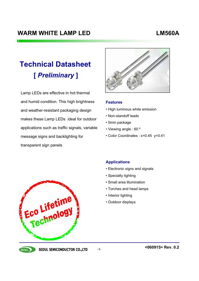 SEOUL SEMICONDUCTOR LM560A WARM WHITE LAMP <em>LED</em> 说明书 海报