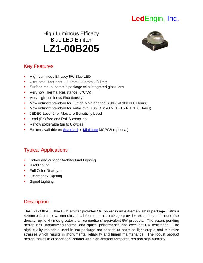 High Luminous Efficacy Blue <em>LED</em> Emitter LZ1-00B205 说明书 海报