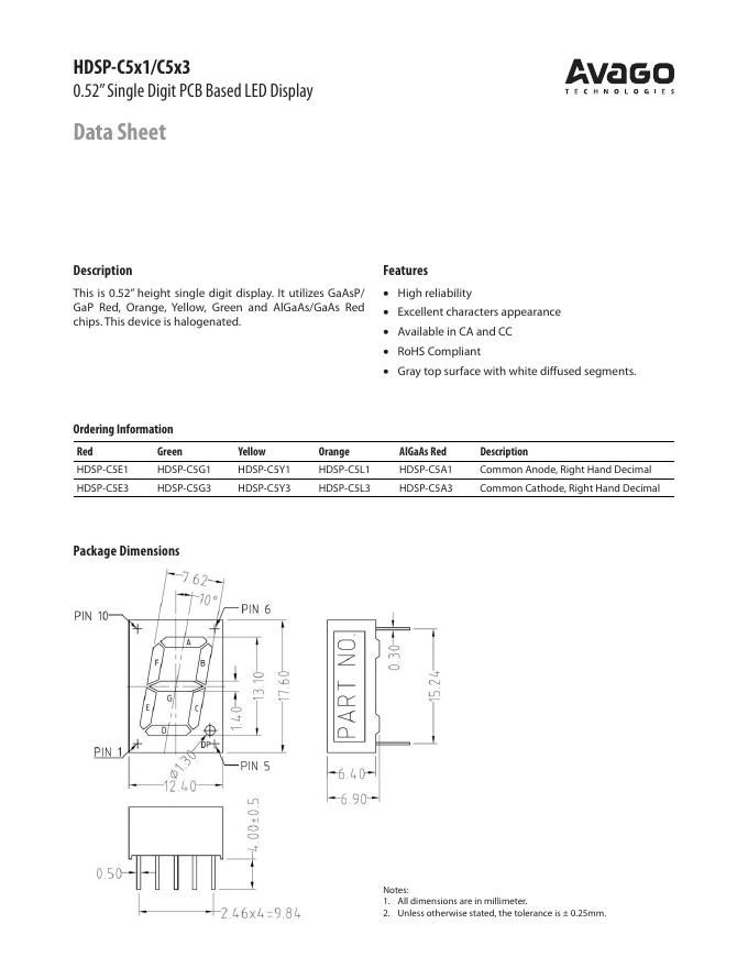 AVAGO TECHNOLOGIES HDSP-C5x1/C5x3 0.52”Single Digit PCB Based <em>LED</em> Display Data Sheet 说明书 海报