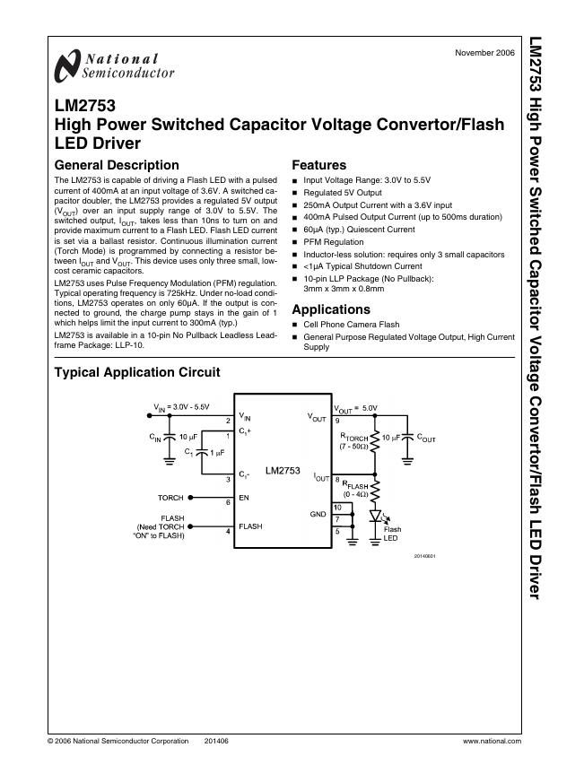 NATIONAL SEMICONDUCTOR LM2753 High Power Switched Capacitor Voltage Convertor/Flash <em>LED</em> Driver 说明书 海报