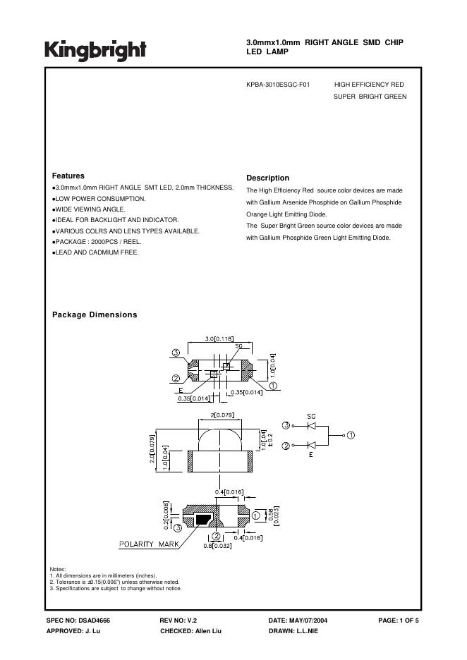 KINGBRIGHT-SPEC NO:DSAD4666 REV NO:V.2 3.0mmx1.0mm RIGHT ANGLE SMD CHIP <em>LED</em> LAMP 说明书 海报