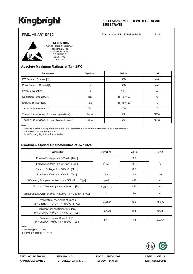 KINGBRIGHT 3.5X3.5mm SMD <em>LED</em> WITH CERAMIC SUBSTRATE 说明书 海报