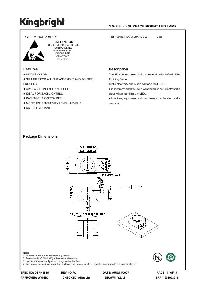 KINGBRIGHT 3.5x2.8mm SURFACE MOUNT <em>LED</em> LAMP KA-3528APBS-Z 说明书 海报