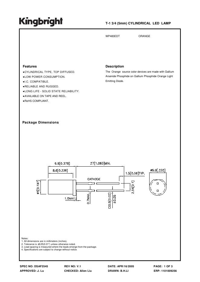 KINGBRIGHT T-1 3/4(5mm)CYLINDRICAL <em>LED</em> LAMP WP483EDT 说明书 海报