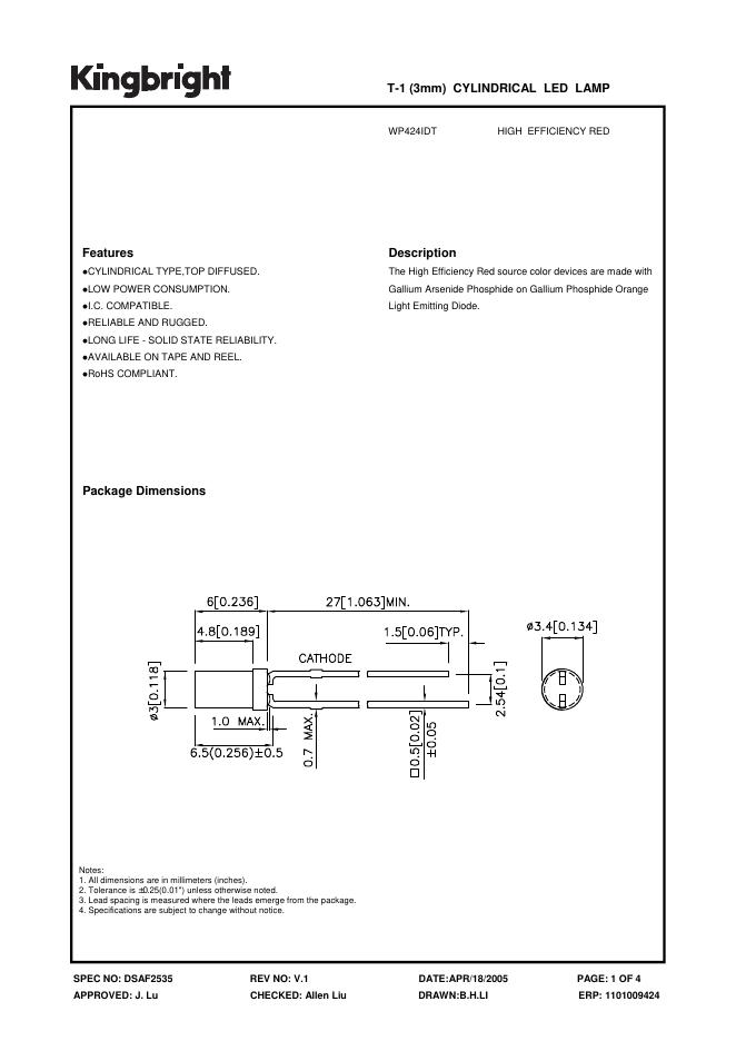 KINGBRIGHT T-1(3mm)CYLINDRICAL <em>LED</em> LAMP WP424IDT 说明书 海报