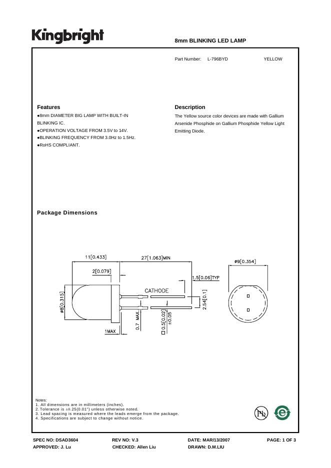 KINGBRIGHT 8mm BLINKING <em>LED</em> LAMP 说明书 REV NO:V.3 DATE:MAR/13/2007 海报