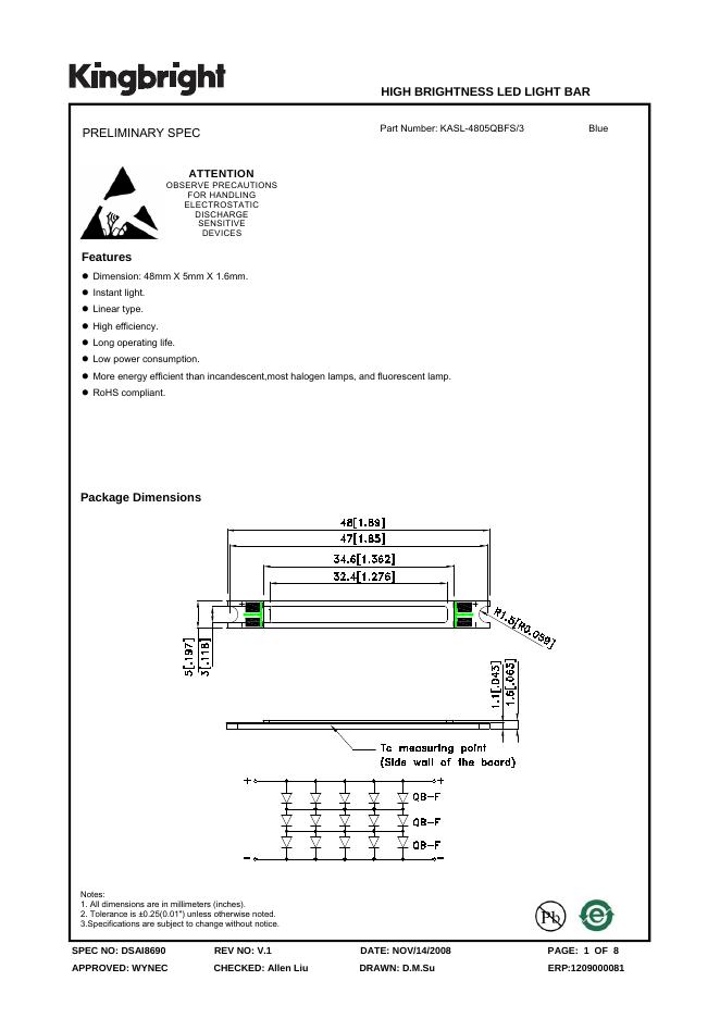 KINGBRIGHT-KASL-4805QBFS/3 Blue HIGH BRIGHTNESS <em>LED</em> LIGHT BAR 说明书 海报