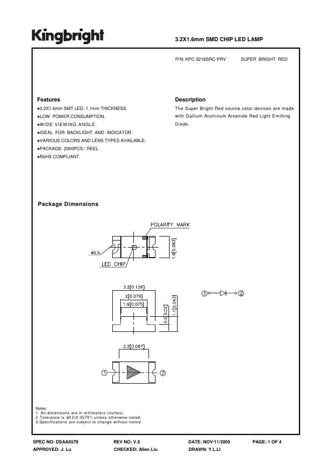 KINGBRIGHT-P/N:KPC-3216SRC-PRV SUPER BRIGHT RED 3.2X1.6mm SMD CHIP <em>LED</em> LAMP说明书 海报