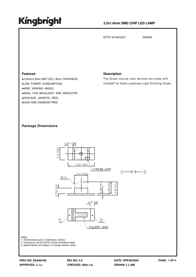KINGBRIGHT-KPTD-3216CGCK GREEN 3.2x1.6mm SMD CHIP <em>LED</em> LAMP 说明书 海报