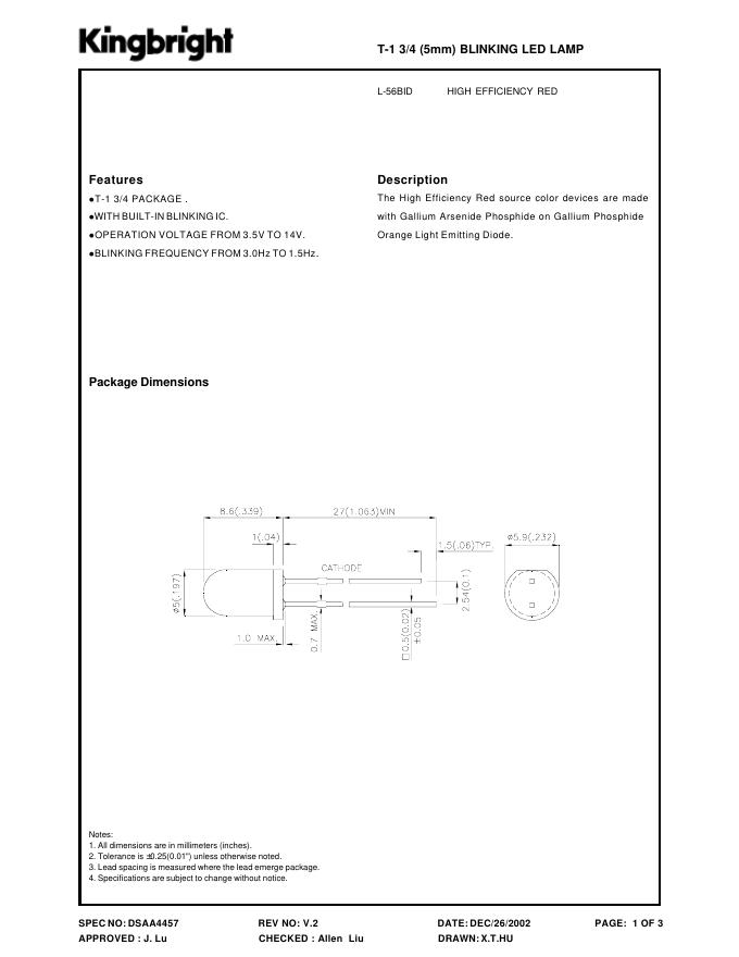 KINGBRIGHT-L-56BID HIGH EFFICIENCY RED T-1 3/4(5mm)BLINKING <em>LED</em> LAMP 说明书 海报