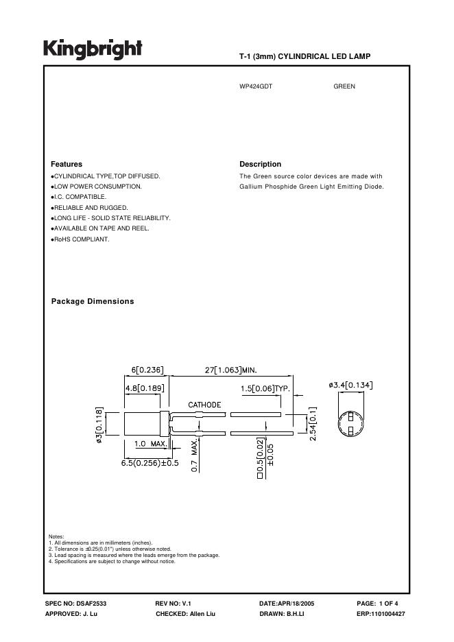 KINGBRIGHT T-1(3mm)CYLINDRICAL <em>LED</em> LAMP 说明书 海报