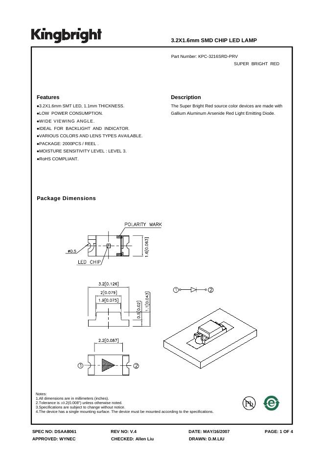 KINGBRIGHT 3.2X1.6mm SMD CHIP <em>LED</em> LAMP 说明书 海报